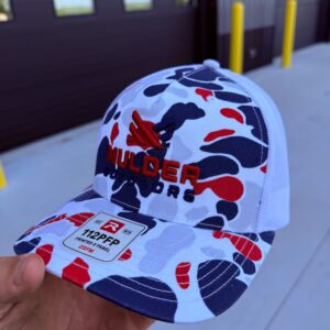 Mulder Outdoors red white and blue duck camo trucker hat front view